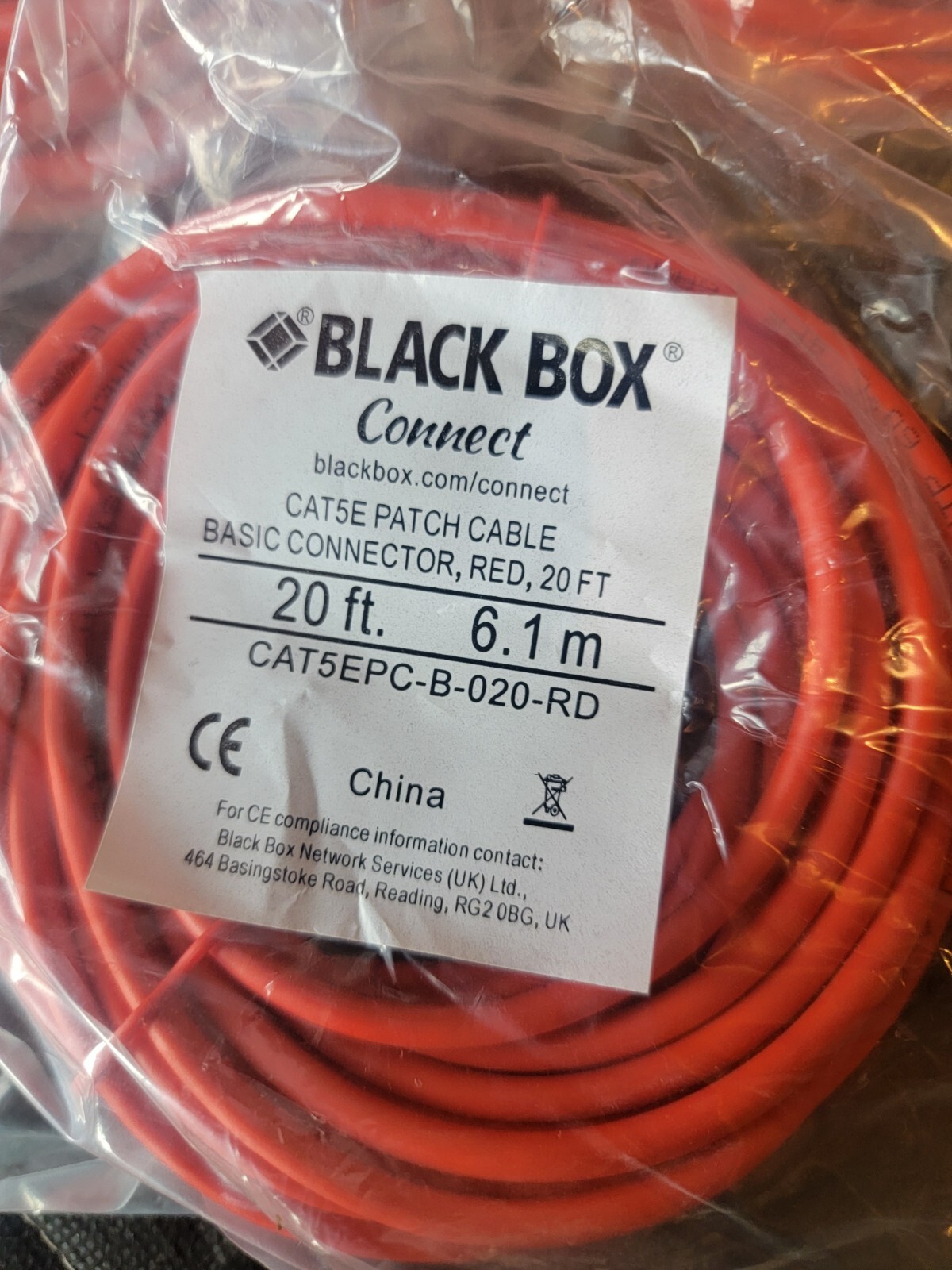 Red Cat5e Patch Cord RJ45 CAT5e Ethernet Cable 20ft, 5pk