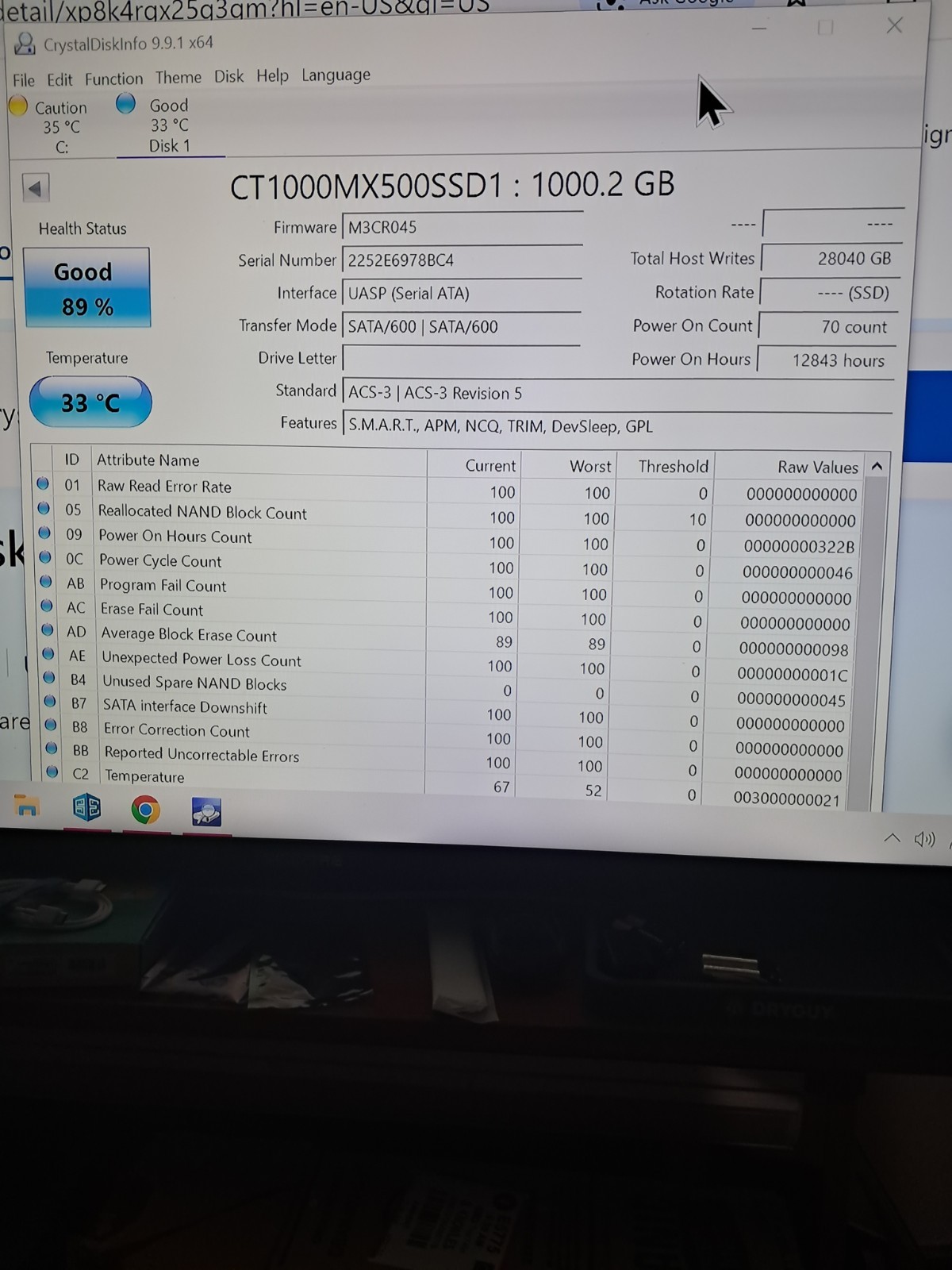 Crucial MX500 1TB 2.5″ SATA III Internal SSD – Wiped Clean 89% Health Matrix