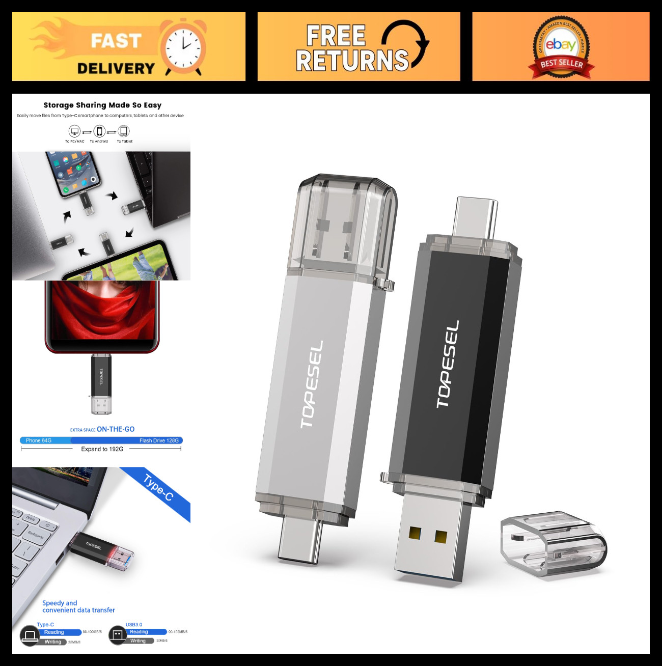 128GB USB C Flash Drive 2-in-1 Thumb Drive USB 3.0/3.1 Memory Stick for Android,