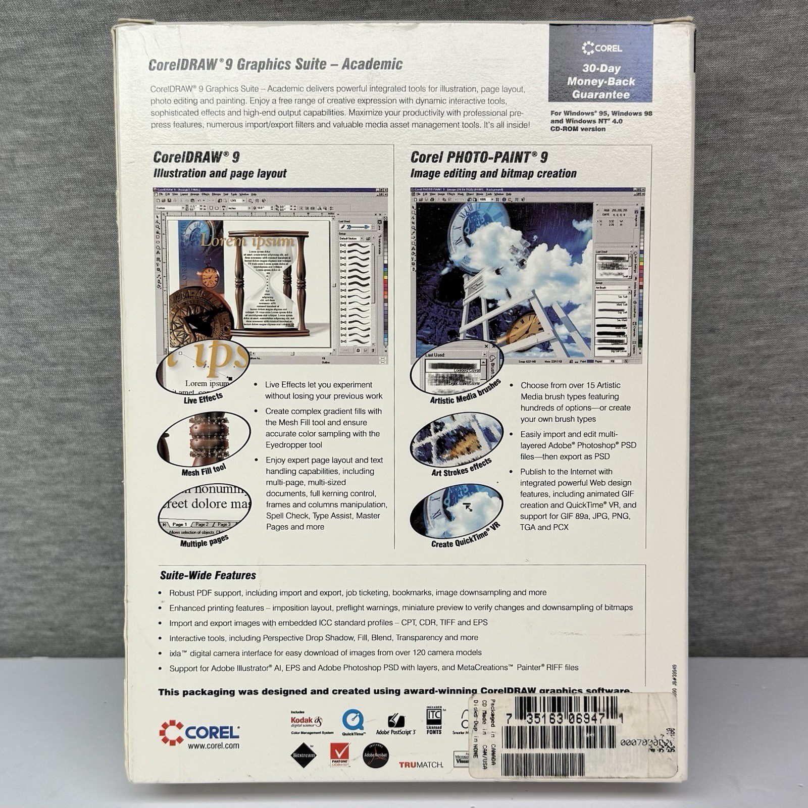 CorelDRAW 9 Graphics Suite Academic Edition COMPLETE 3 Disc Set Photo-Paint 9