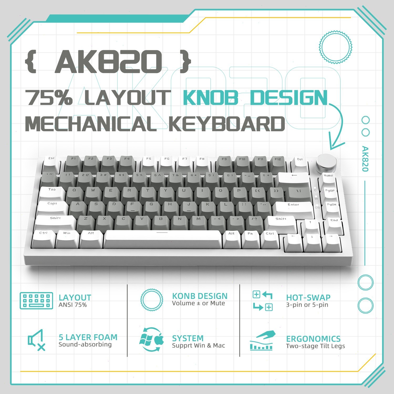 AJAZZ AK820 75% Wired Mechanical Gaming Keyboard, Hot Swap With Volume Knob,RGB