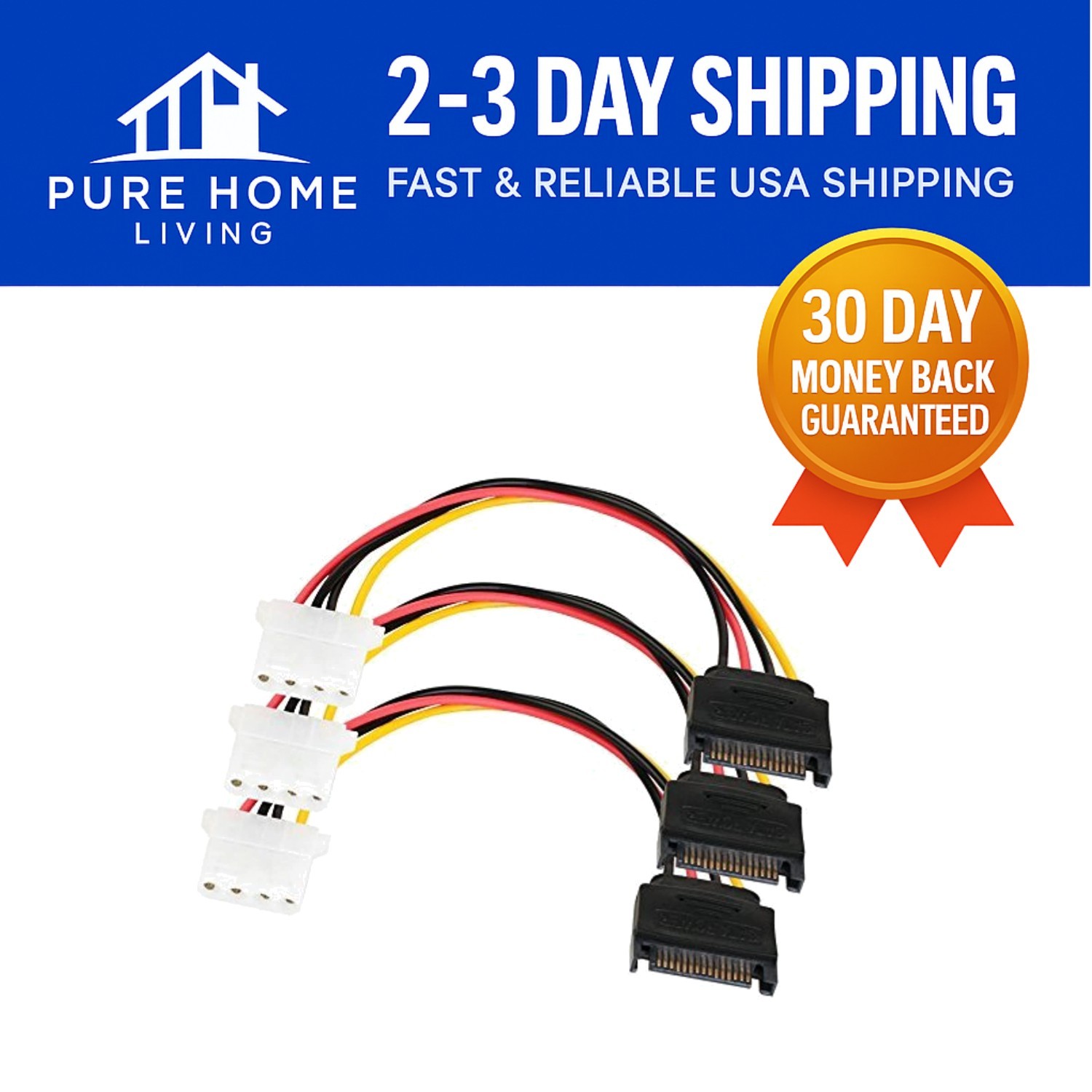 SATA 15 Pin Male to 4-Pin Molex Female Power Cable – 3 Pack of 7-inch Cords