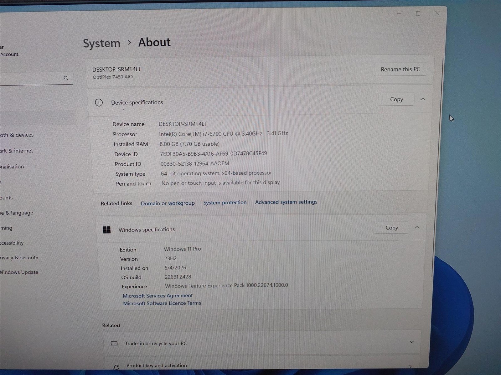 Dell Optiplex 7450 AIO Intel Core I7-6700 @3.40Ghz 8GB RAM 256GB SSD