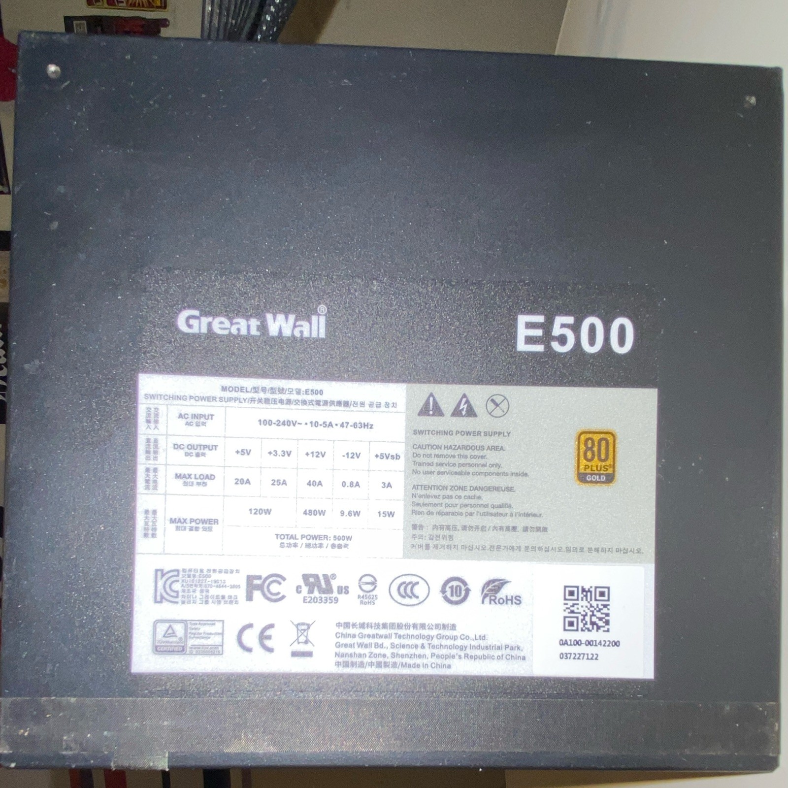 Great Wall E500 500W 80 PLUS Gold ATX Power Supply Unit PSU, Black *Works*