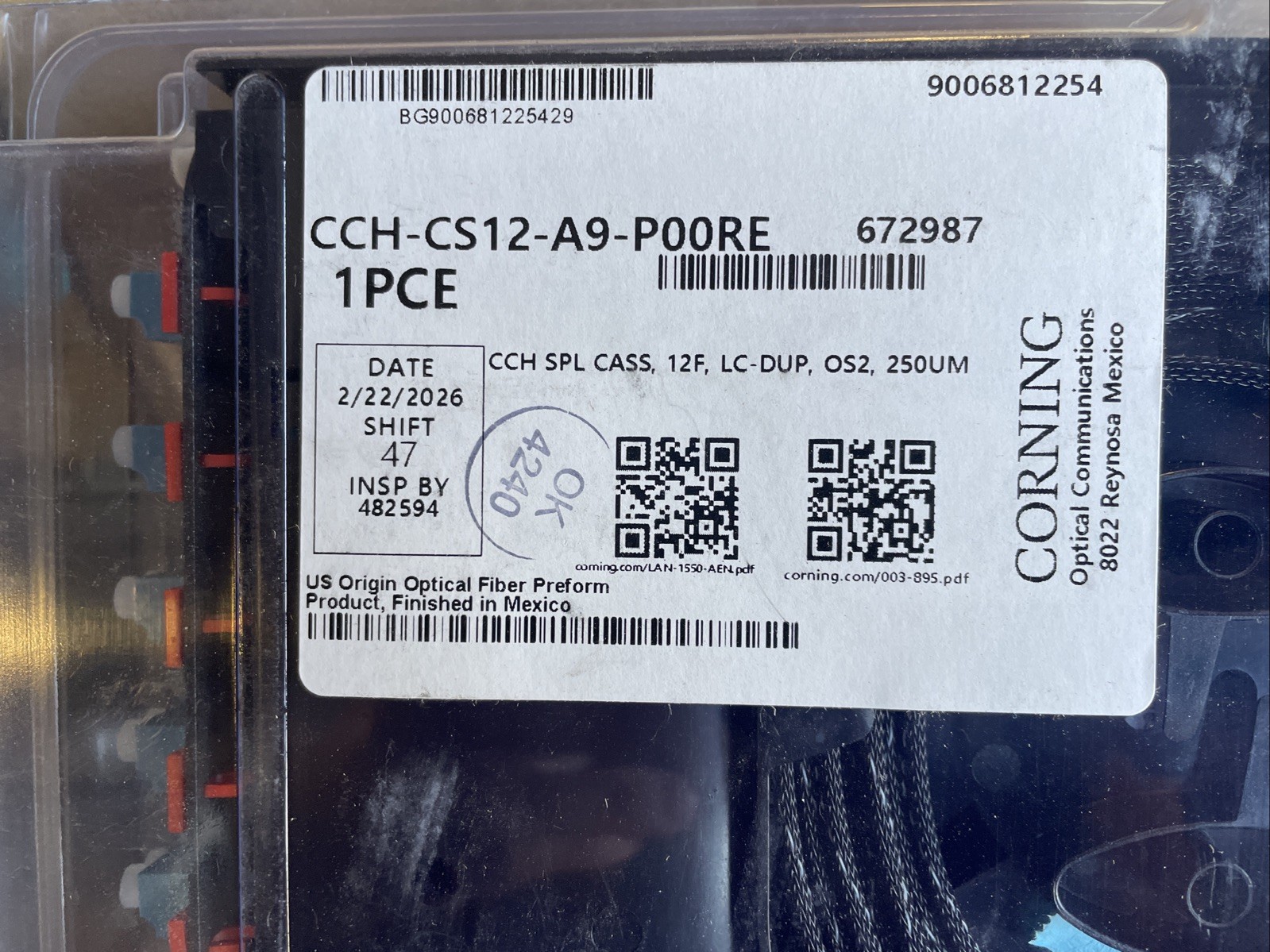 Corning CCH-CS12-A9-P00RE CCH Splice Cassette 12 Fiber LC Duplex OS2 BRAND NEW!