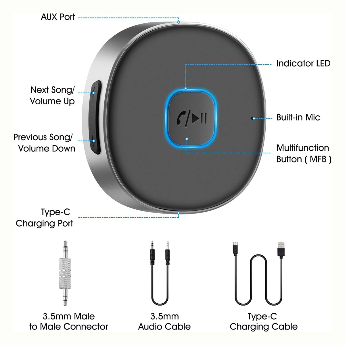Bluetooth Receiver 3.5mm Aux Car Adapter Wireless Audio Receiver for Home Stereo