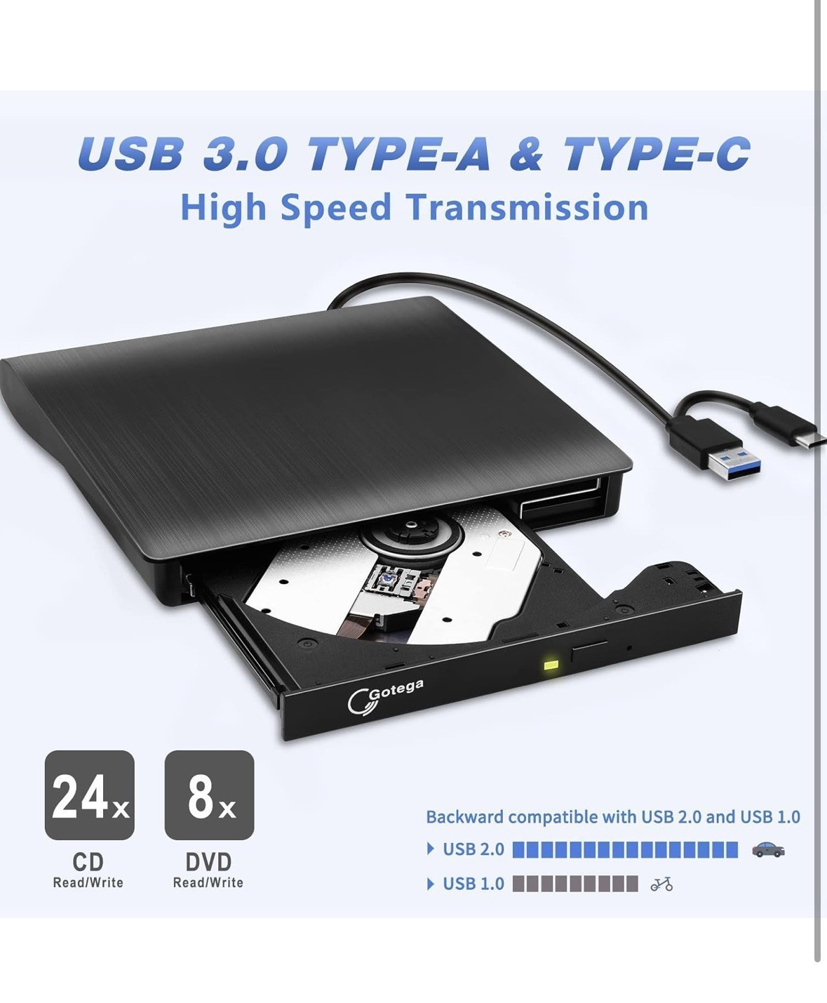 Slim External CD/DVD Drive USB 3.0 Player Burner Reader for Laptop PC Mac HP US