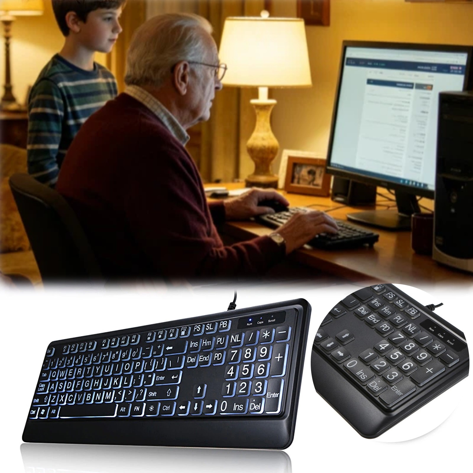 USB Interface Large Print Backlit Wired Keyboard USB Wired Lighted Keyboard Q4N8