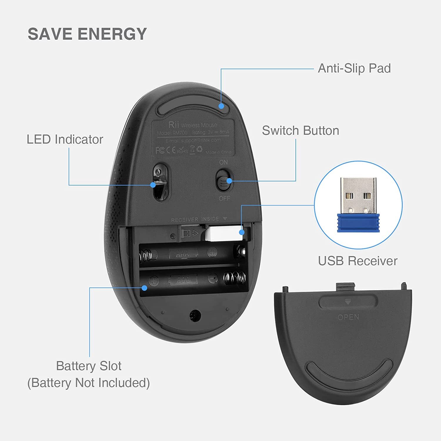 Rii Wireless Mouse RM700 2.4G Silent Mouse with USB Receiver for Laptop,PC,Mac