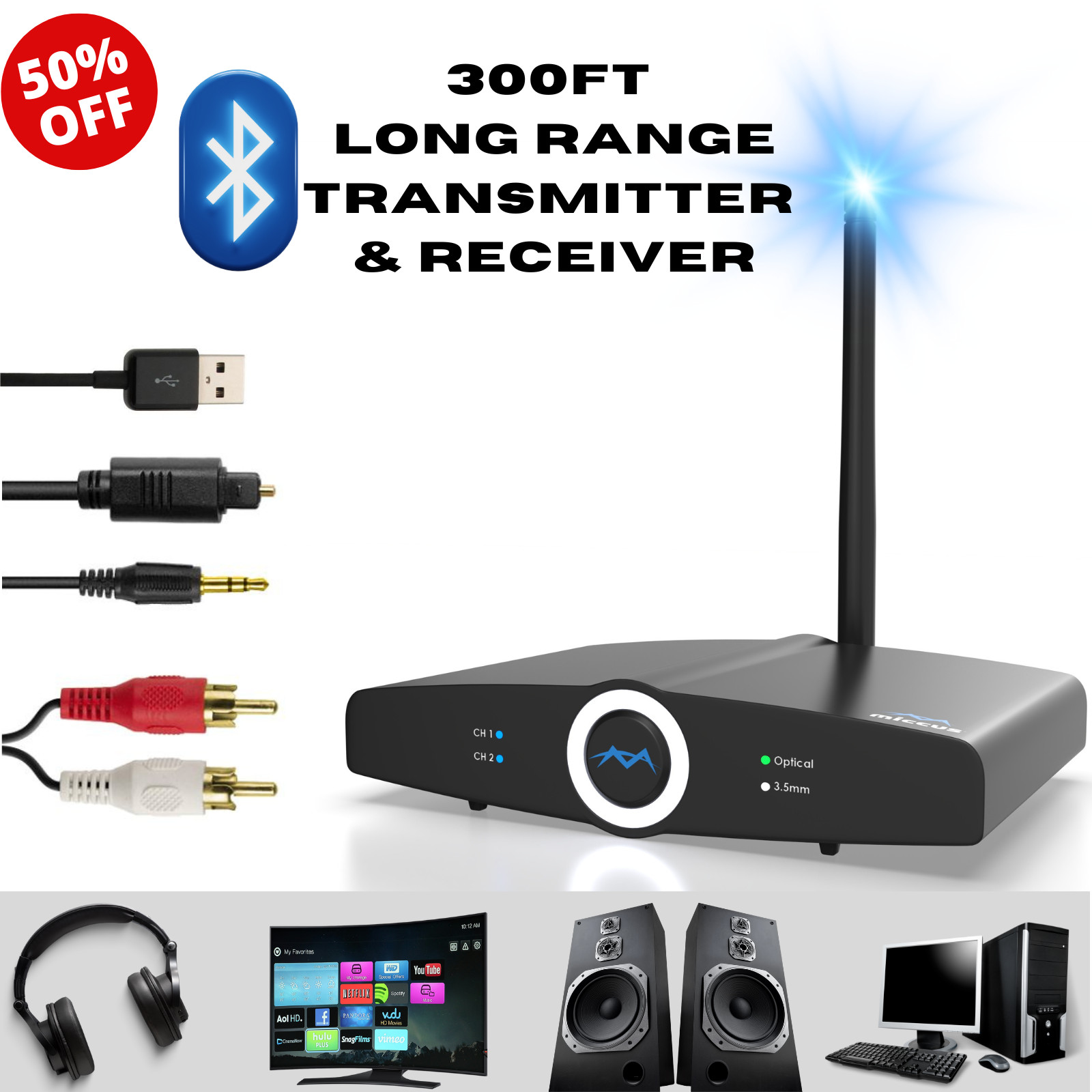 Bluetooth Transmitter Long Range Adapter TV Headphones home speakers BT Headset