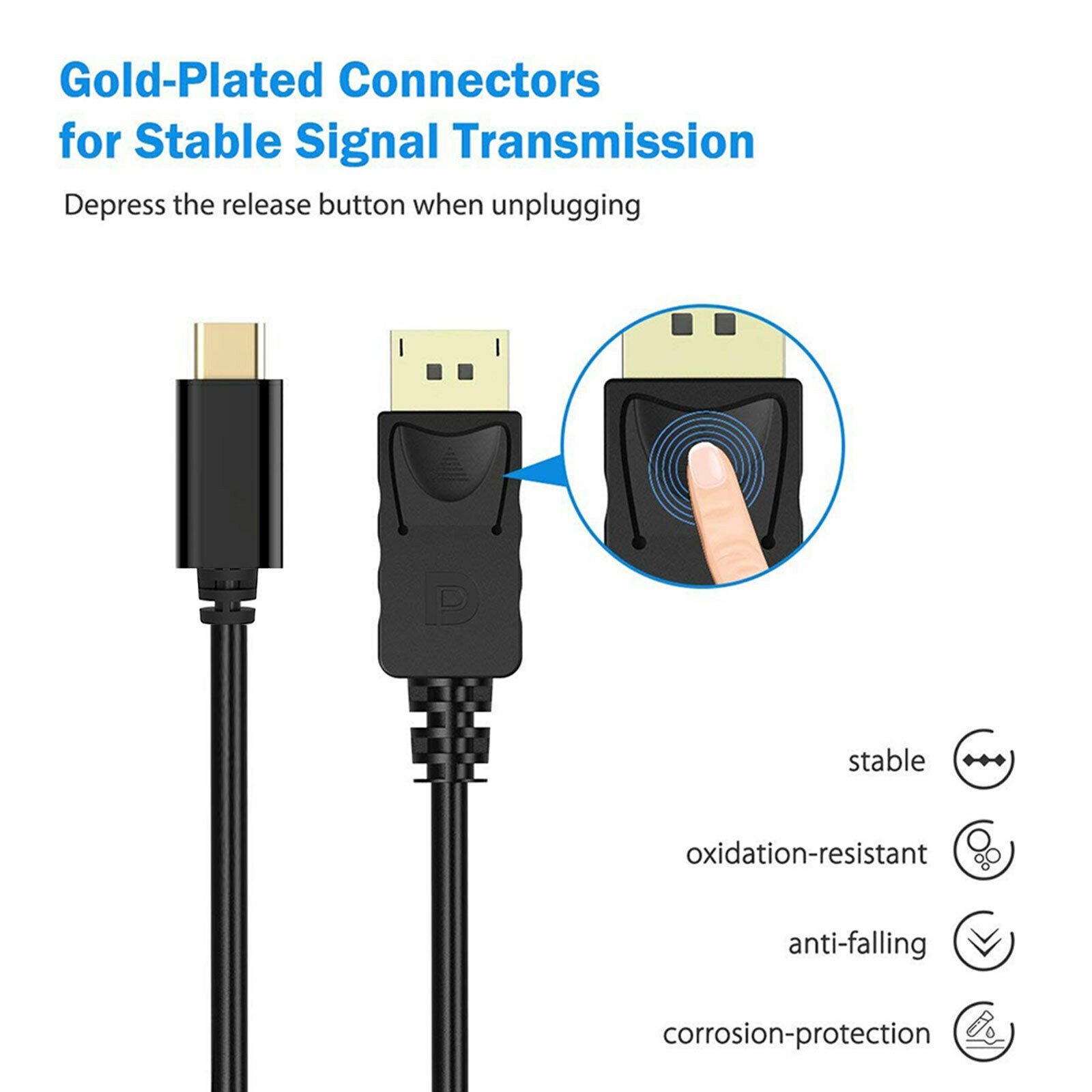 1.8m/6ft 4K 60Hz USB C Type to DisplayPort Adapter PC/TV DP Connecter Cable P&P