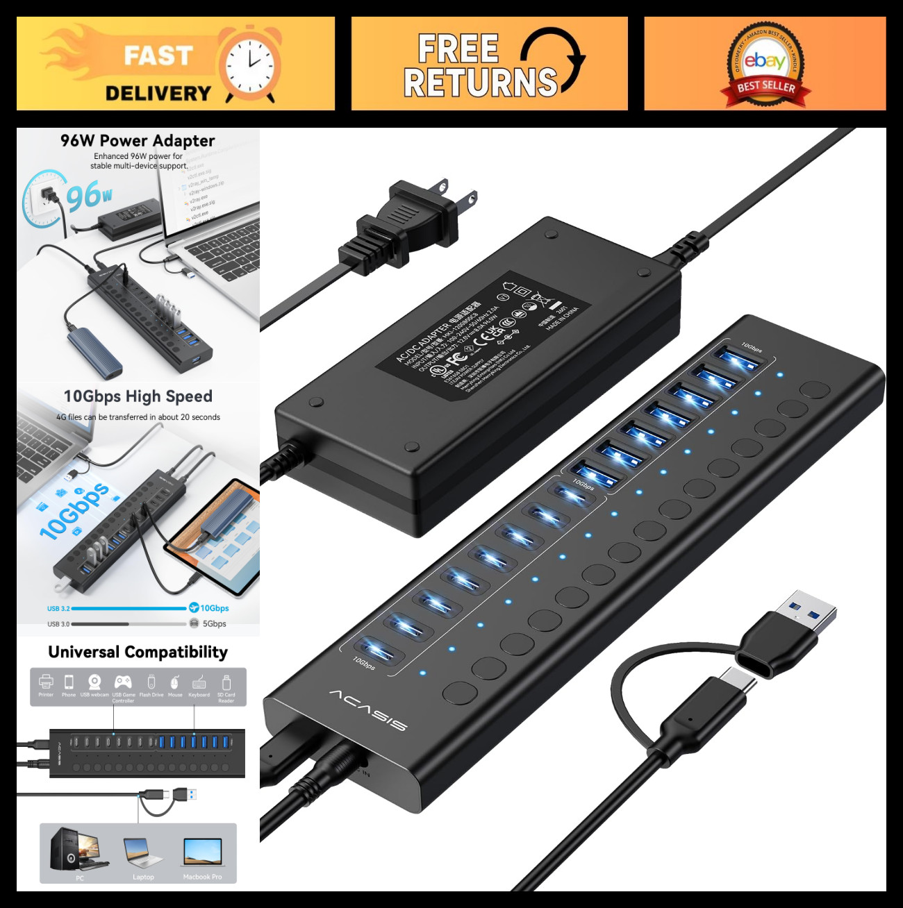 16-Port Powered USB 3.2 Hub – 8 USB-A & 8 USB-C Ports, 96W Adapter for PC/Laptop