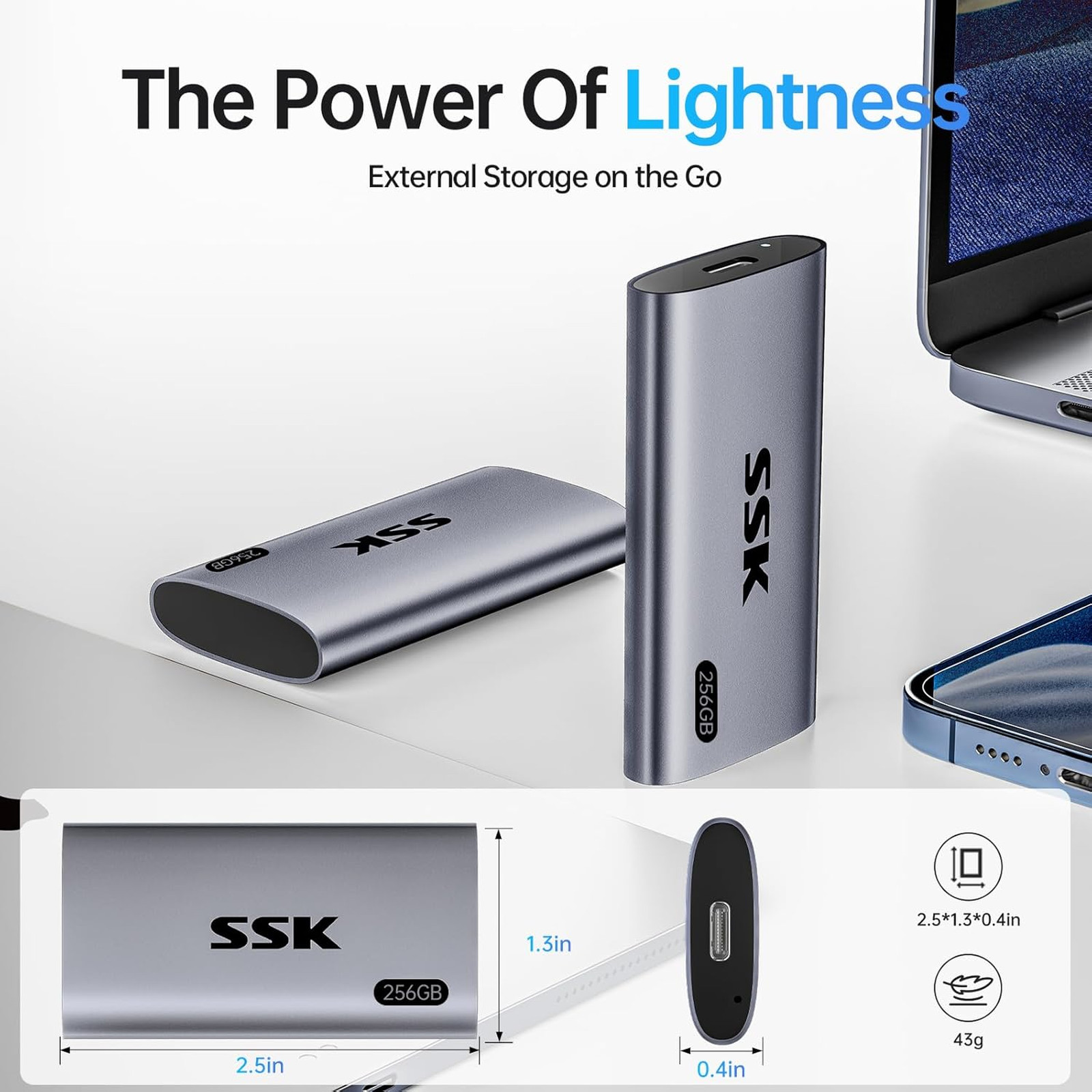 External Solid State Drive 256GB Portable SSD Up to 550MB/s USB 3.2 Gen2 for