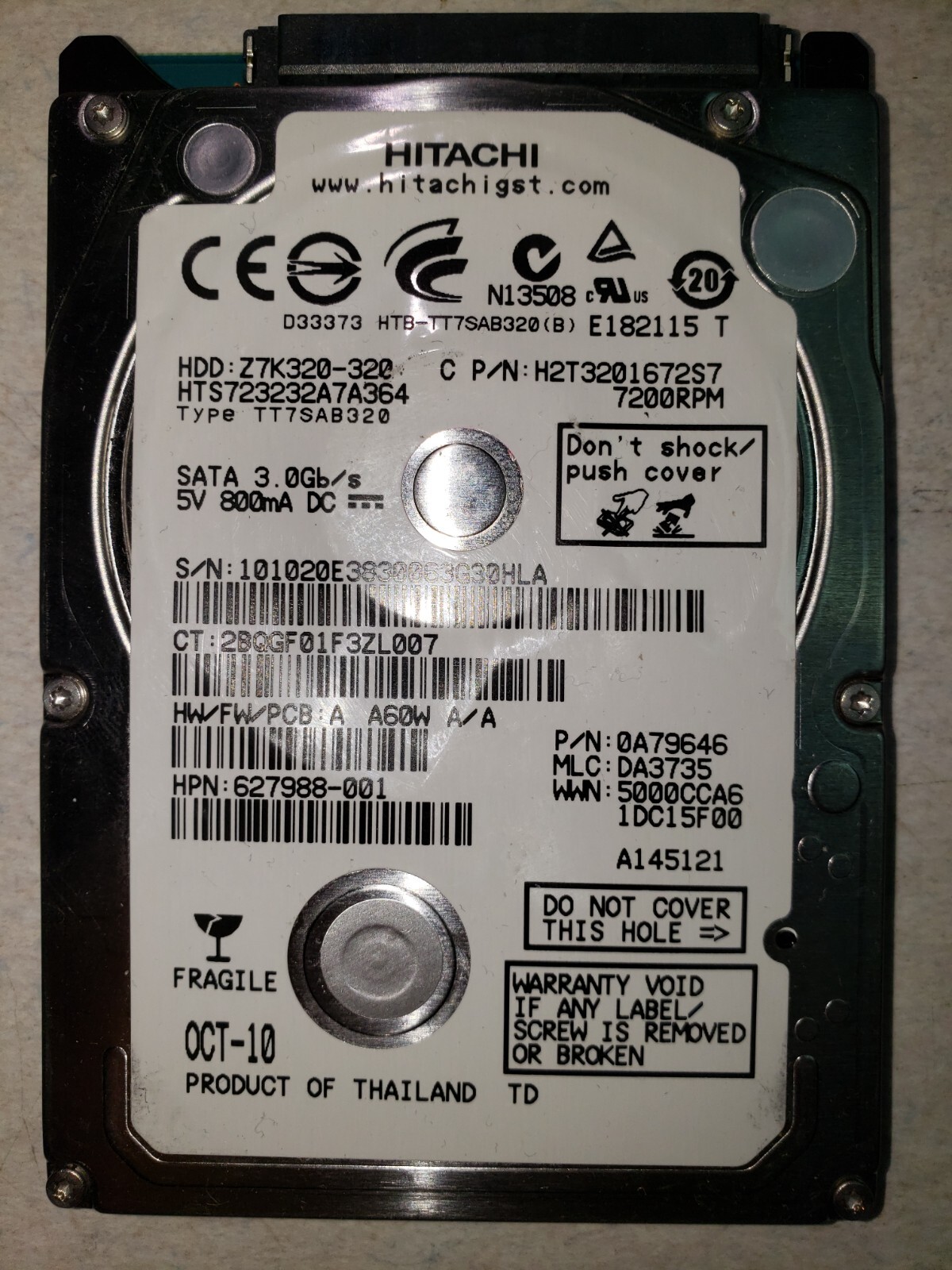 HTS723232A7A364 Z7K320-320 mlc: DA3735 pn: 0A79646 OCT-10