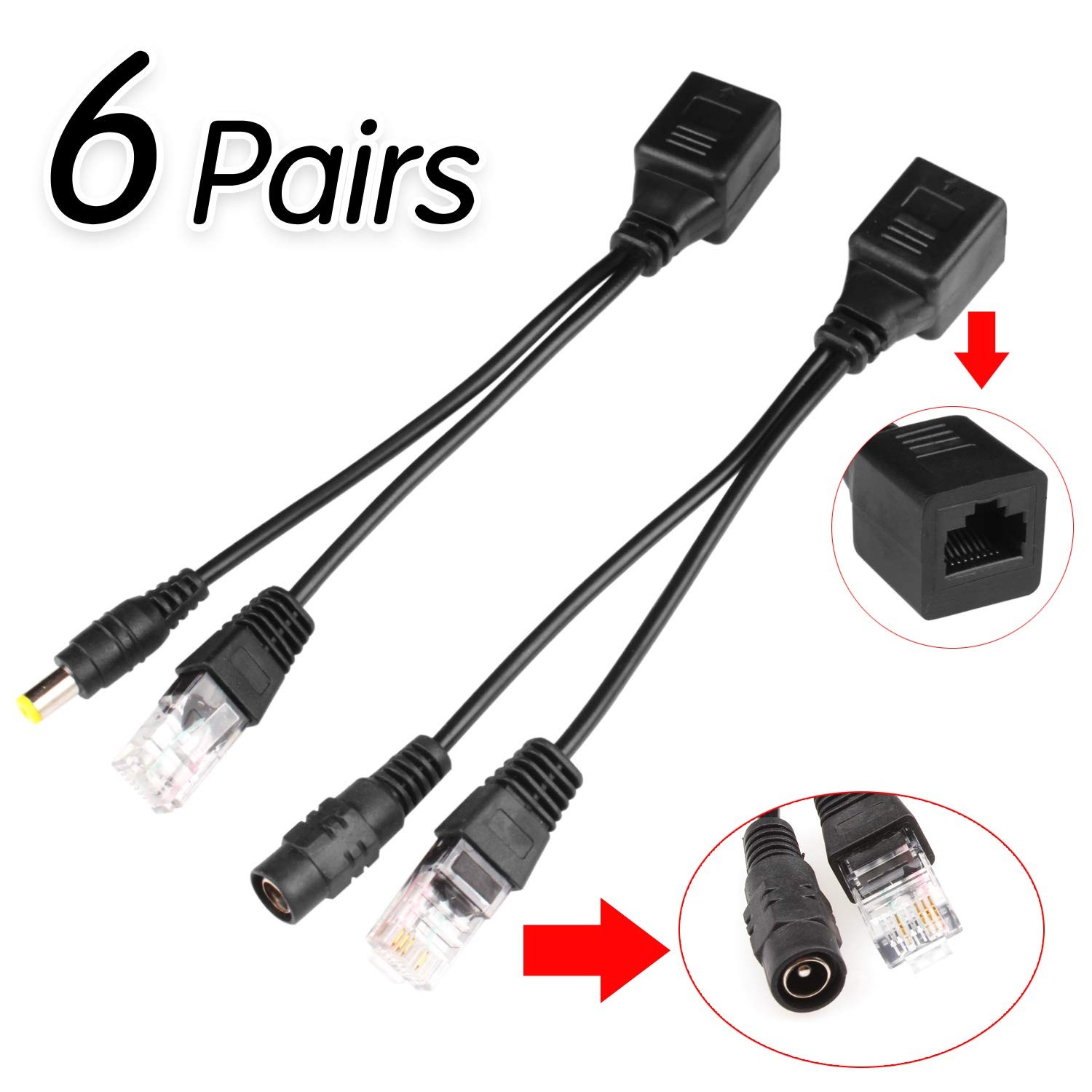 6Pair Passive PoE Injector Splitter Kit 5.5×2.1mm DC Connector RJ45 Adapters
