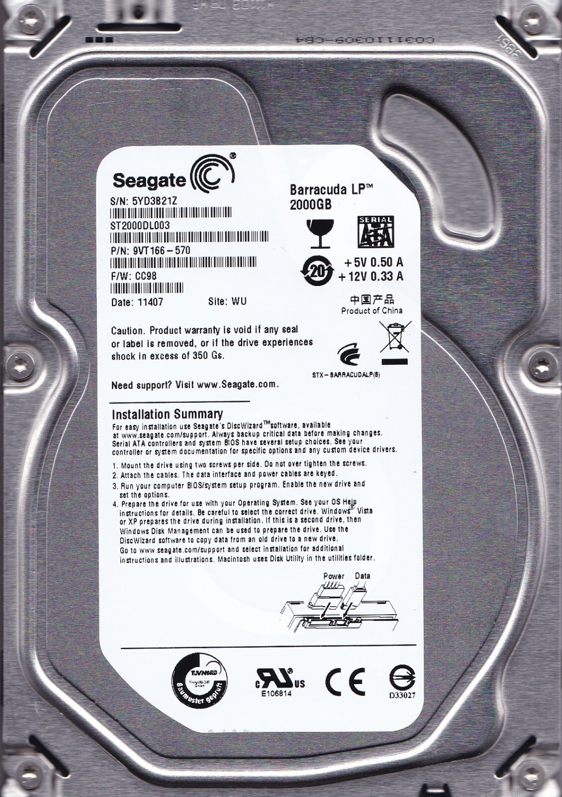 ST2000DL003 p/n: 9VT166-570 s/n: 5YD f/w: CC98 WU 2011 2TB SATA 3.5″ SEAGATE