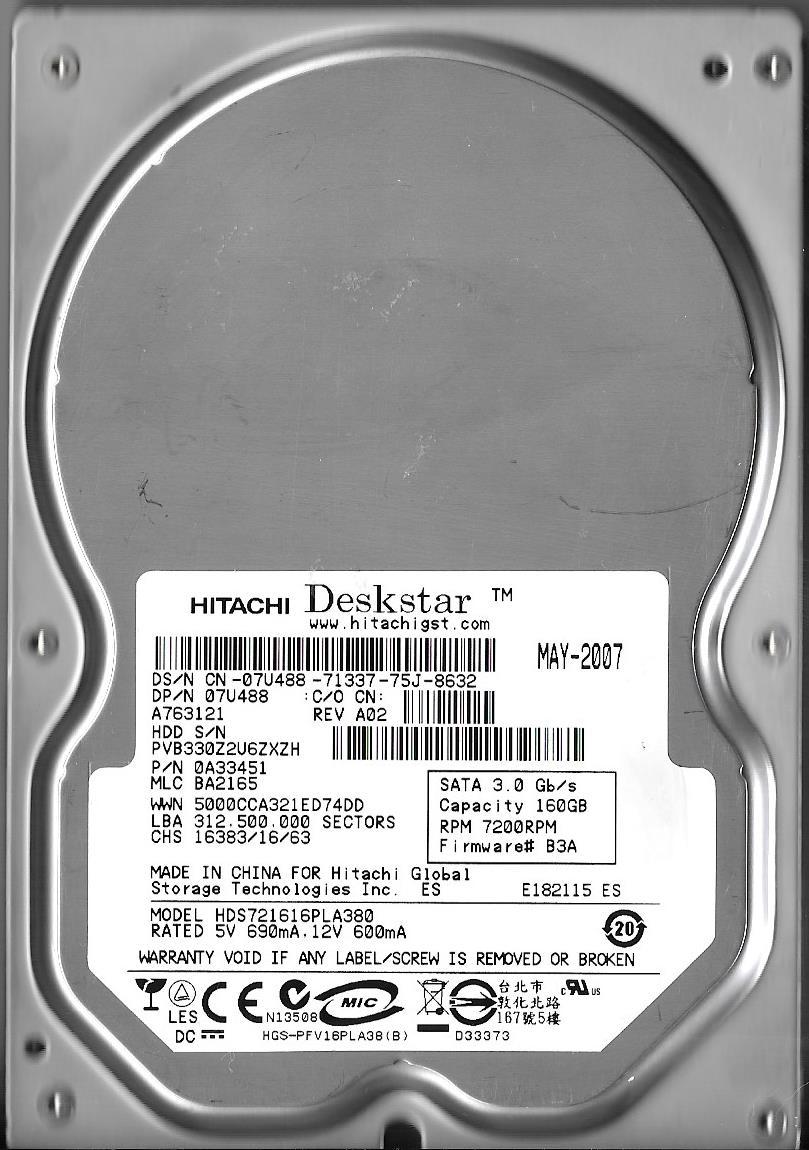 HITACHI DESKSTAR HDS721616PLA380 160GB SATA HARD DRIVE P/N: 0A33451 MLC: BA2165