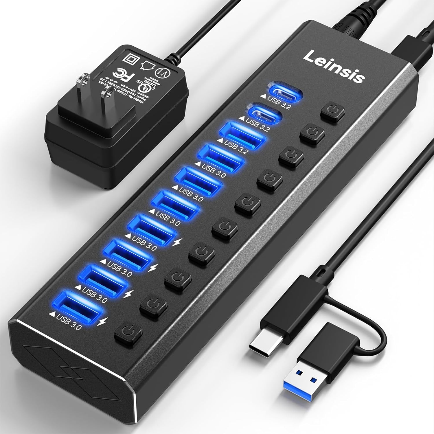 Powered USB Hub 3.2, 10-Port USB 3.2/USB C Hub (10Gbps USB-A 3.2 +2 USB-C 3.2 +