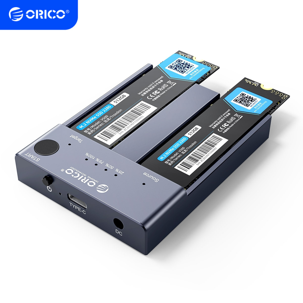 ORICO M.2 NVMe Cloner Dual-Bay NVMe Docking Station USB C SSD Enclosure US