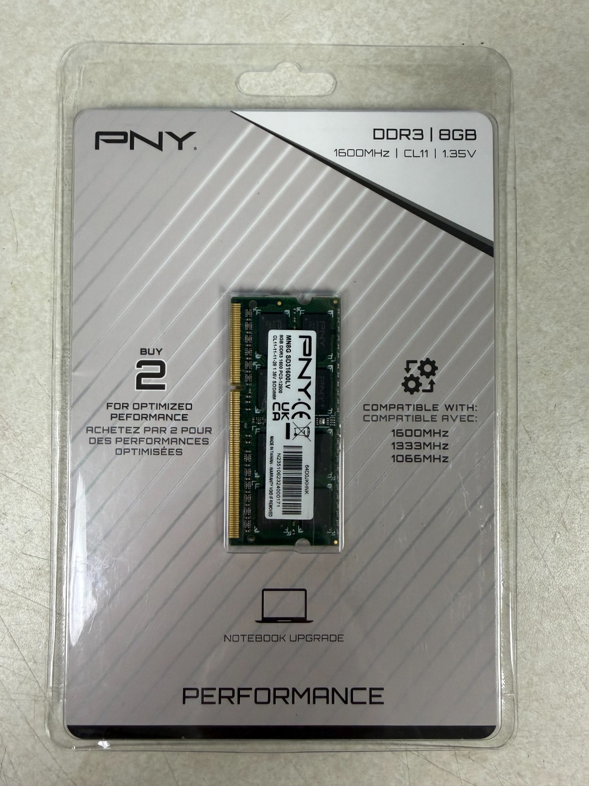 PNY DDR3 8GB 1600MHz PC3-12800 CL11 SO-DIMM Laptop Upgrade MN8GSD31600LV