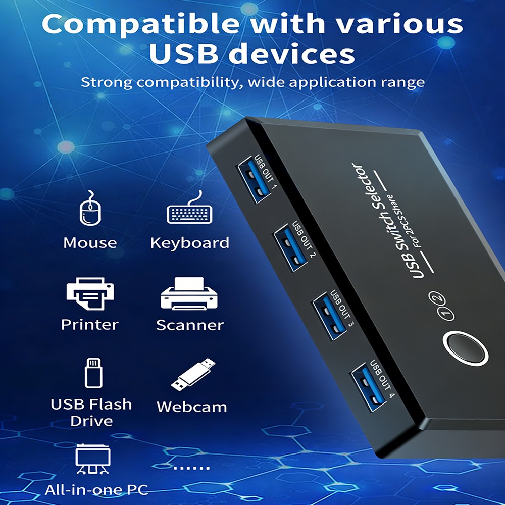 USB 3.0 KVM Switch 2 In 4 Out 2 PCs Sharing 4 USB Peripherals for Desktop Laptop