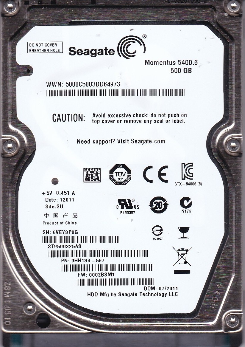 ST9500325AS pn: 9HH134-567 fw: 0002BSM1 s/n: 6VEY SU 500GB SATA 2.5″ SEAGATE