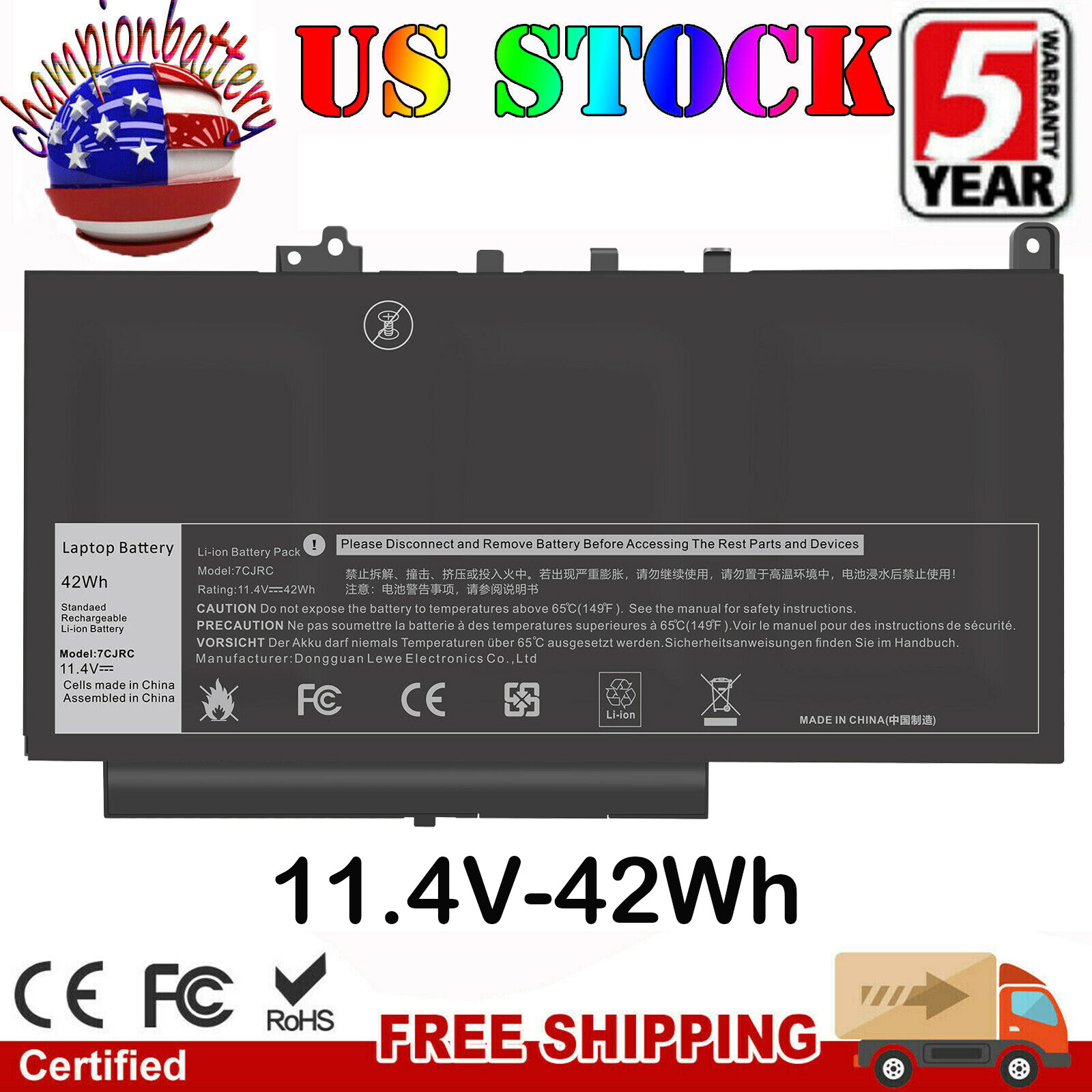 7CJRC Laptop Battery for Dell Latitude E7270 E7470 21X15 579TY F1KTM V6VMN 42Wh