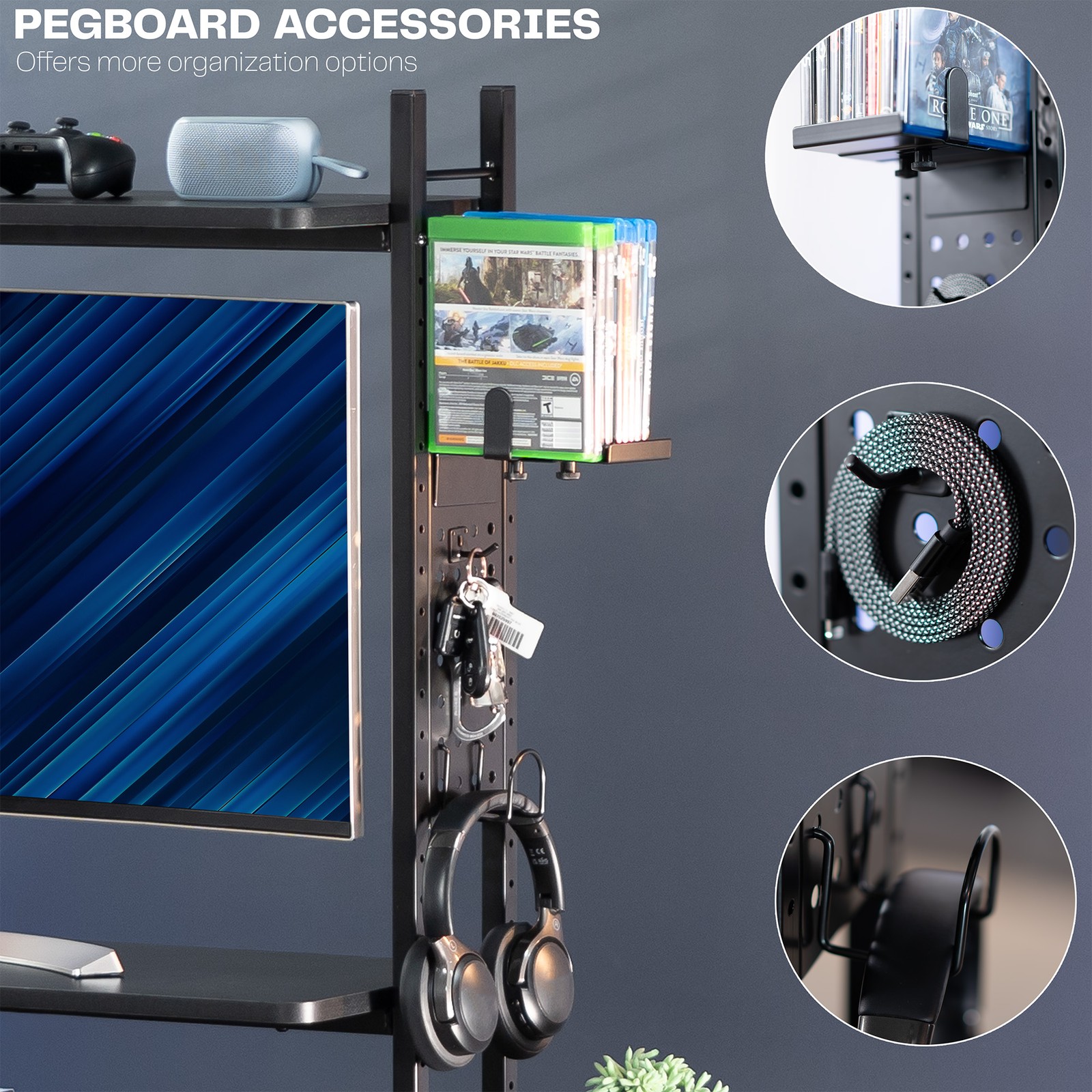 VIVO Black 40″ Clamp-on 2-Tier Gaming Shelf System with Pegboard