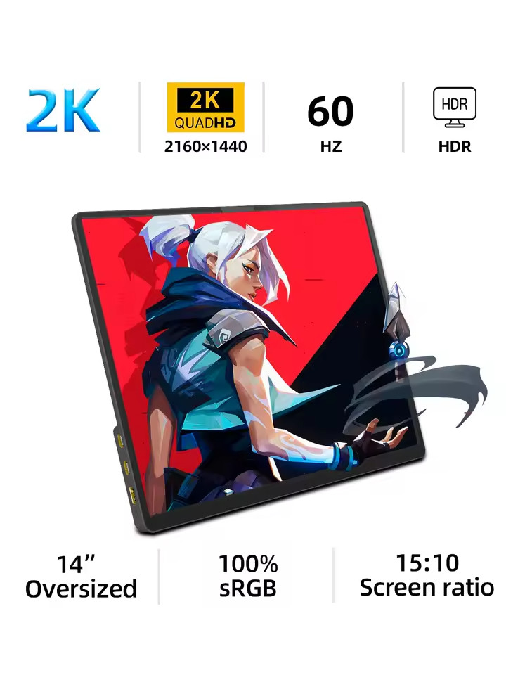 ZSUS 14″ 2K Portable Monitor 2160×1440 60Hz USB-C HDMI PC Xbox PS4/5 Switch
