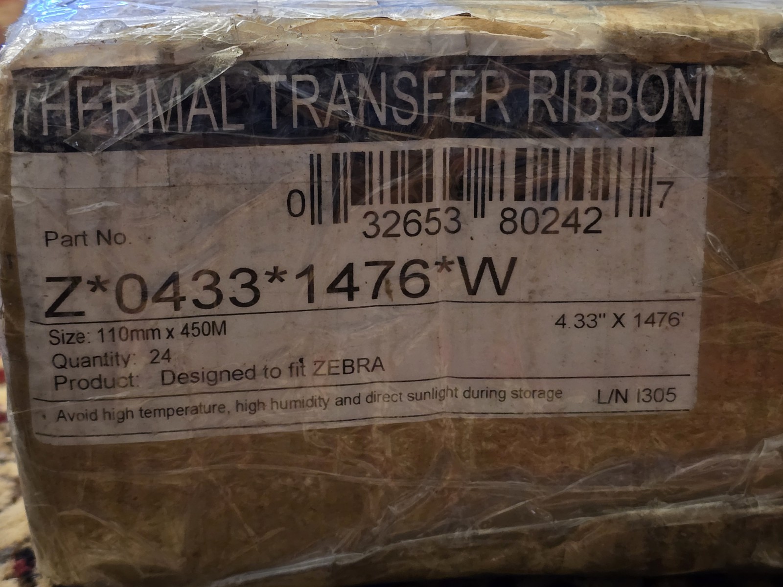 24 pk Thermal Transfer Ribbon for Zebra Printer 110mm x 450M 4.33″ x 1476′ Rolls