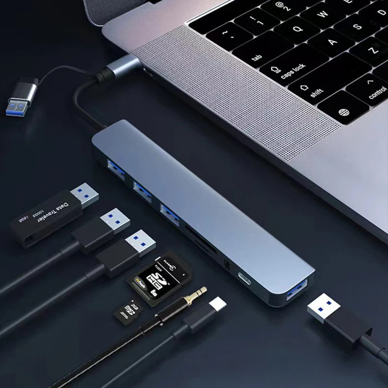 8 in 2 USB +Type C HUB Docking Station with 3.5mm Audio Jack Adapter Micro SD Ca