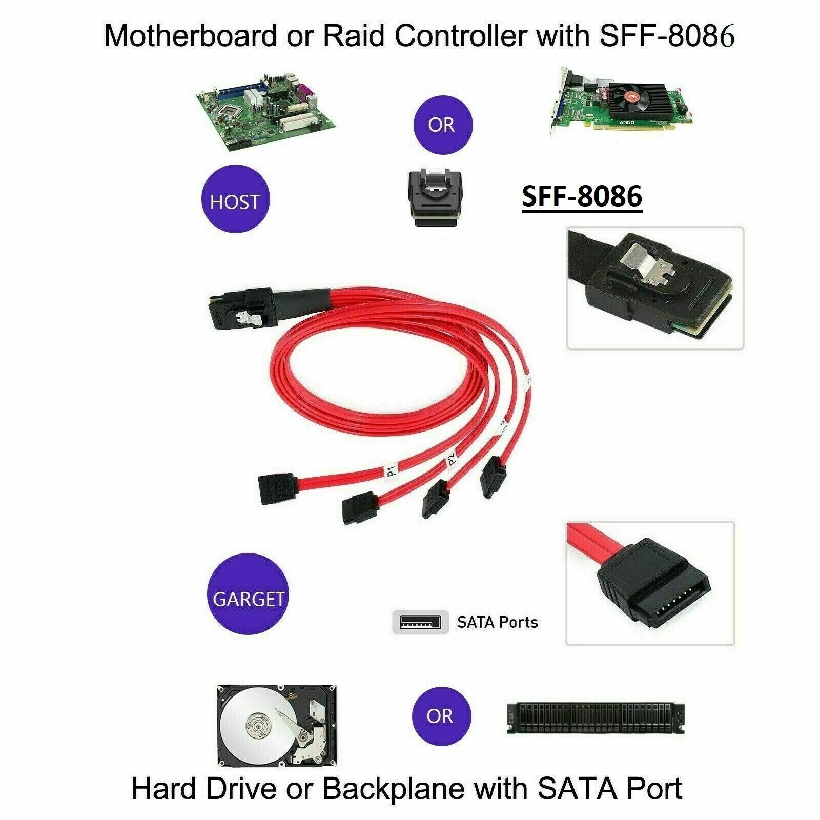 2 X Mini 10Gbps SAS SFF-8086 26Pin to 4 SATA 7Pin HDD Splitter R79575-6004
