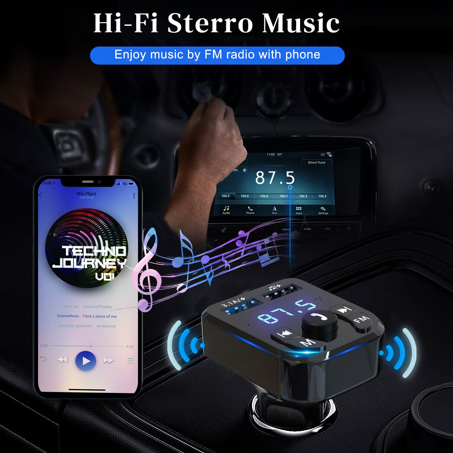 Bluetooth 5.0 Car Wireless FM Transmitter Adapter 2USB PD Charger Hands-Free Lot