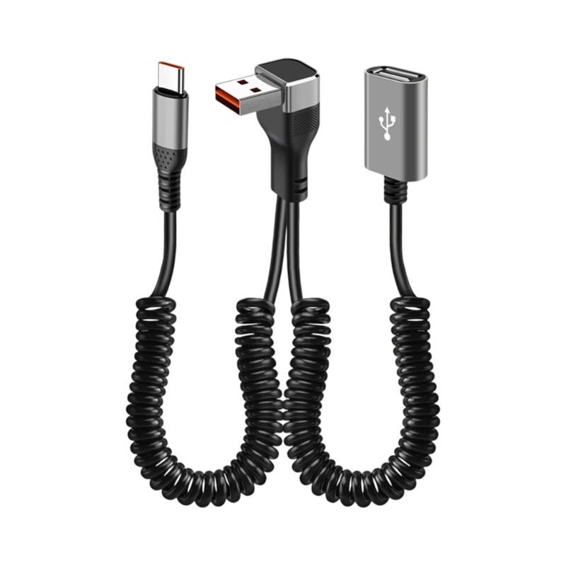 Angled Tip USB Spring Coil Power Cord Wire 2 in 1 Design for Laptop Mobile Power