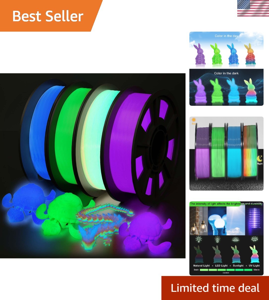 Glow in the Dark 3D Printer Filament Bundle – Multicolor PLA 1.75mm (250g x 4)