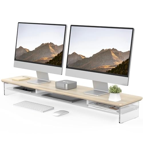 Acrylic Monitor Stand Riser, 42.5 Inches Dual Monitor Stand with 42.5in Oak