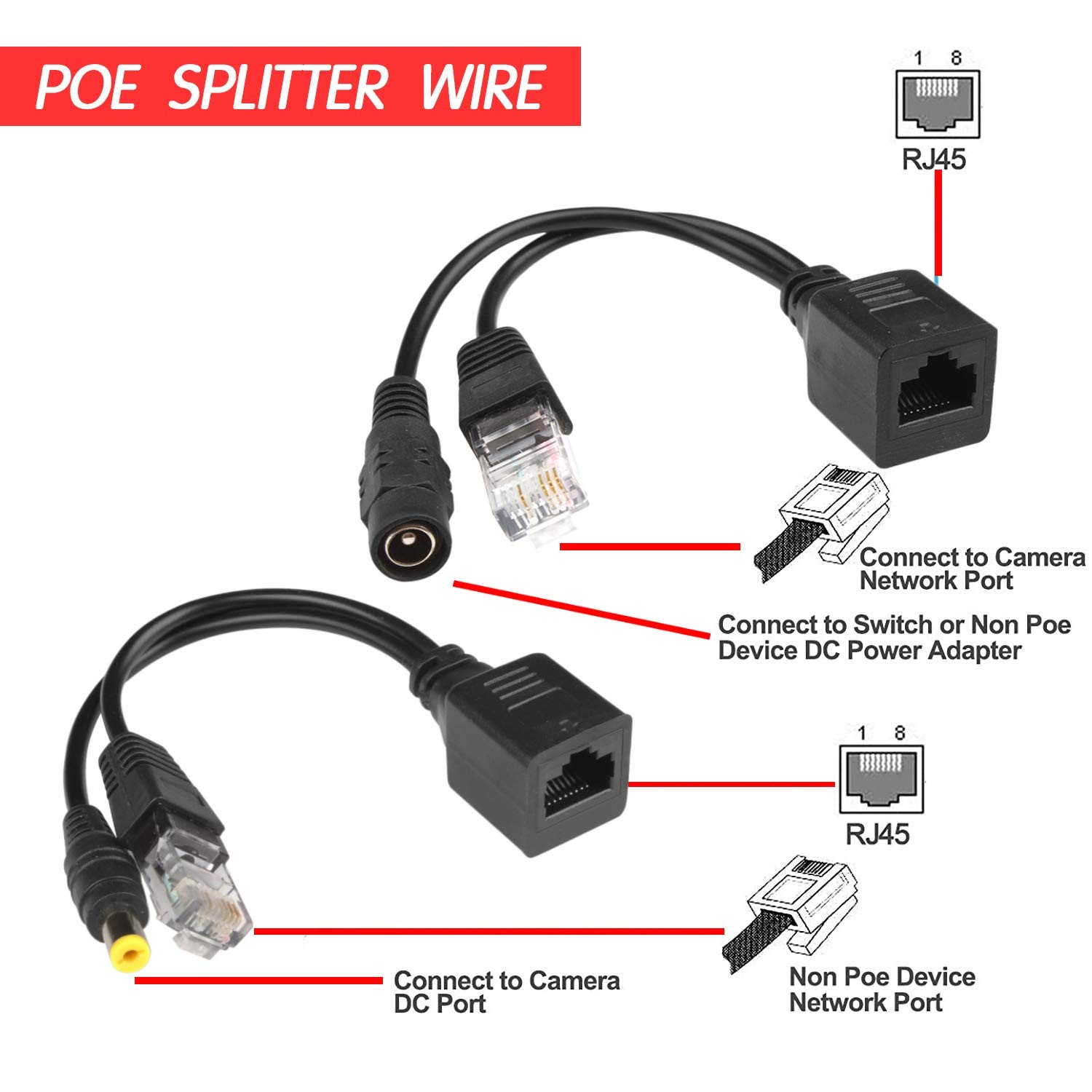 6Pair Passive PoE Injector Splitter Kit 5.5×2.1mm DC Connector RJ45 Adapters