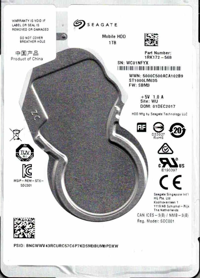 ST1000LM035, 1RK172-568, SBM3, WU, WC01, SEAGATE 1TB DEC 2017