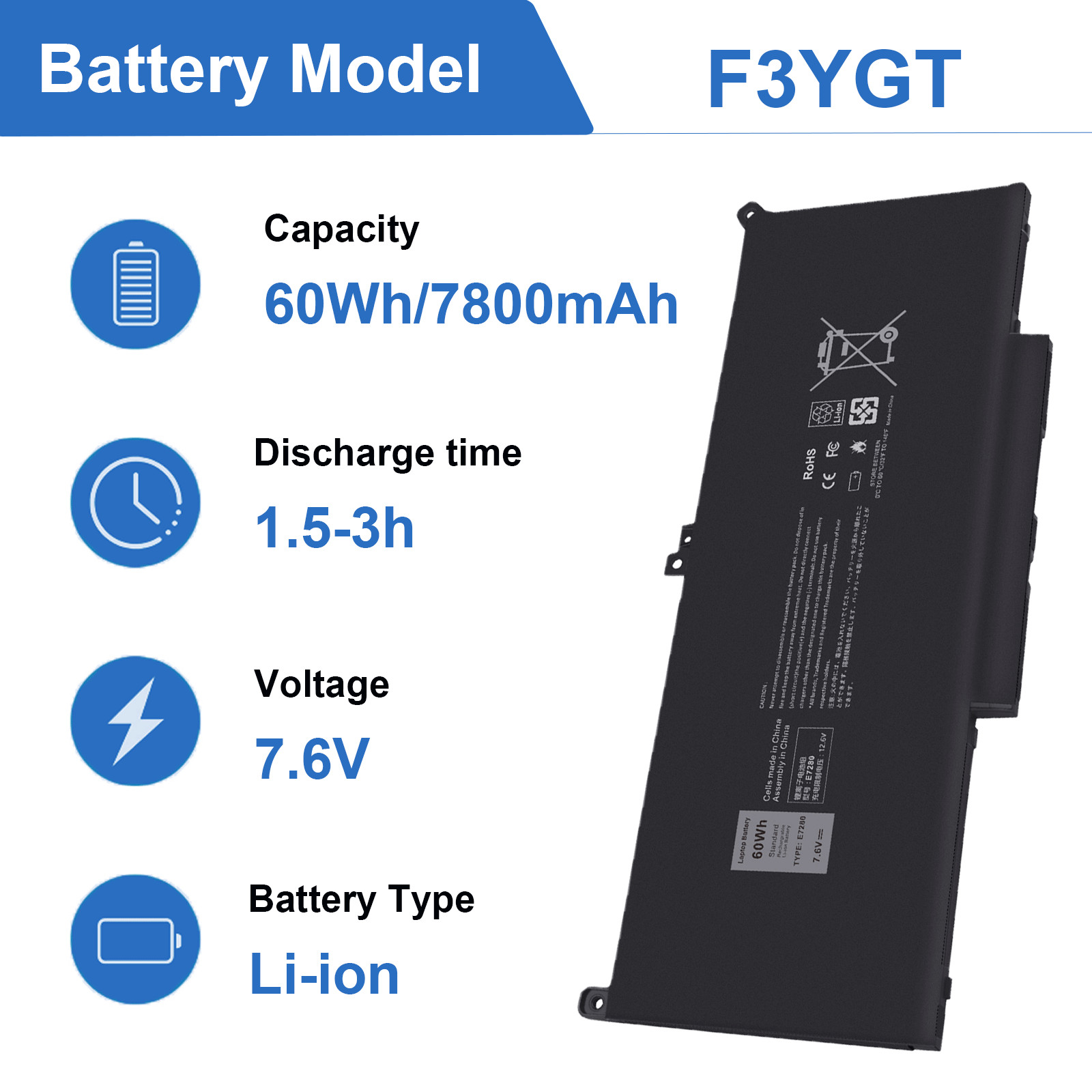 F3YGT Laptop Battery For Dell Latitude 14 7480 7490 12 7280 7290 13 7380 7390