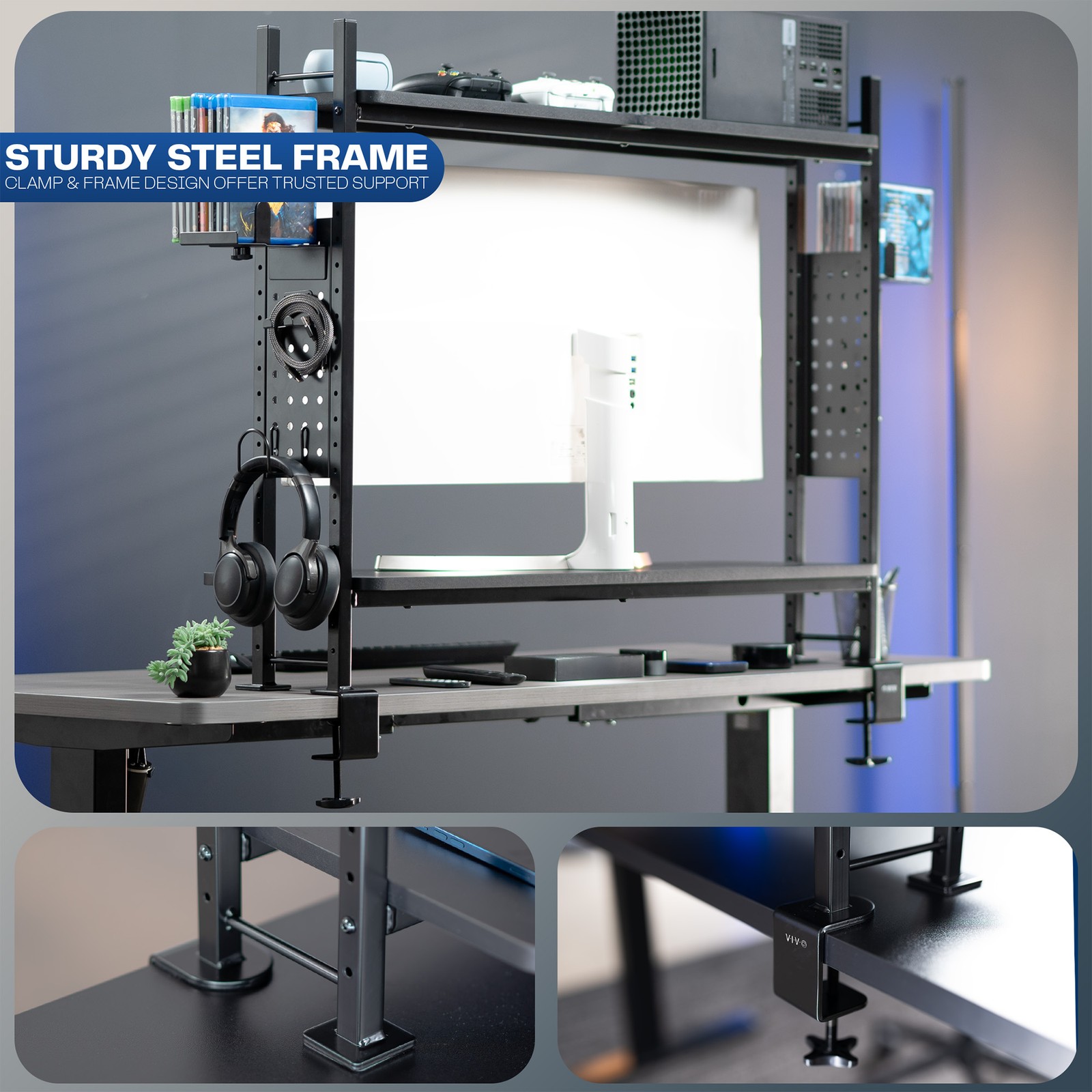 VIVO Black 40″ Clamp-on 2-Tier Gaming Shelf System with Pegboard