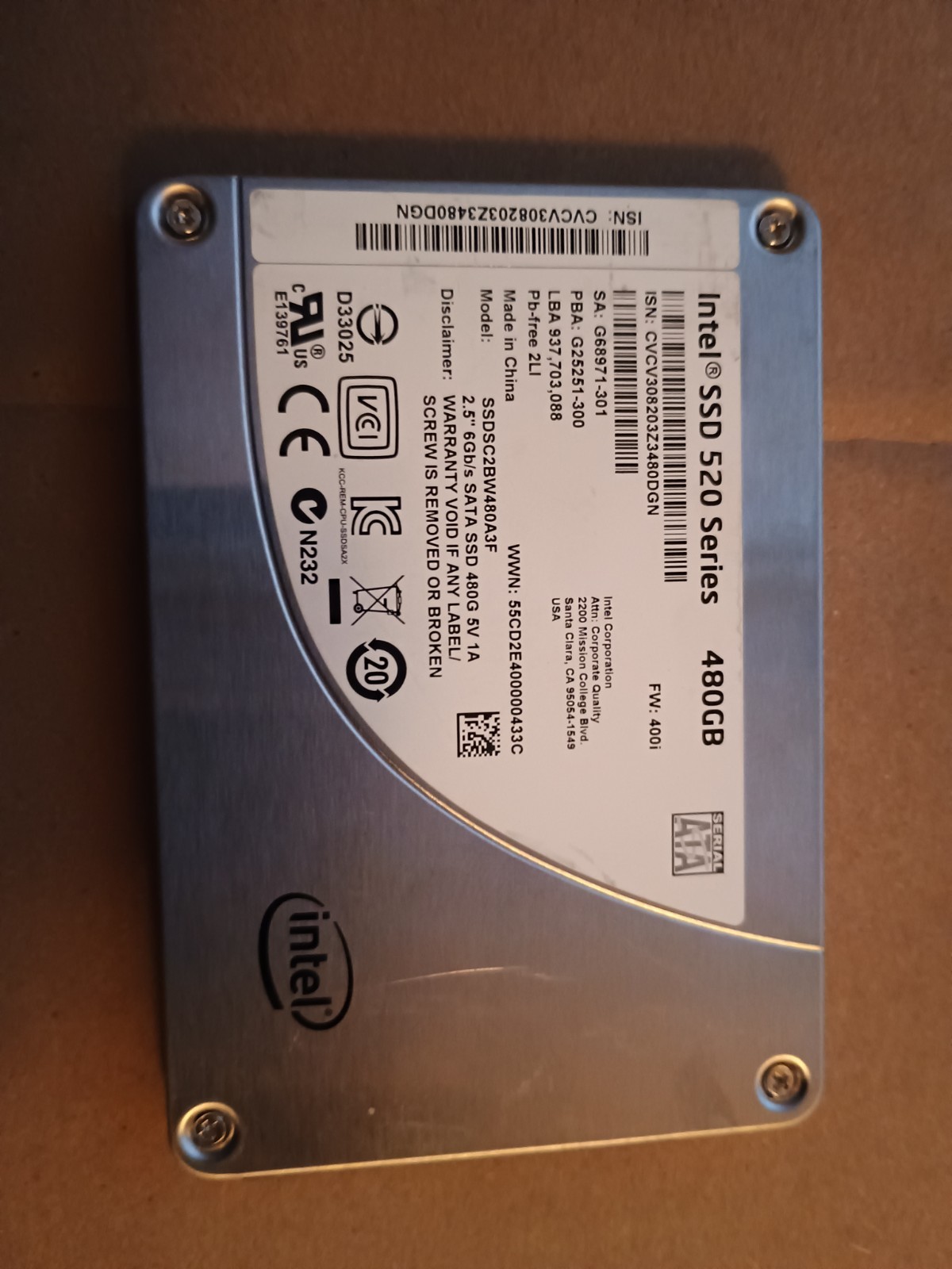Intel 480 Gig SSD Internal Hard Drive