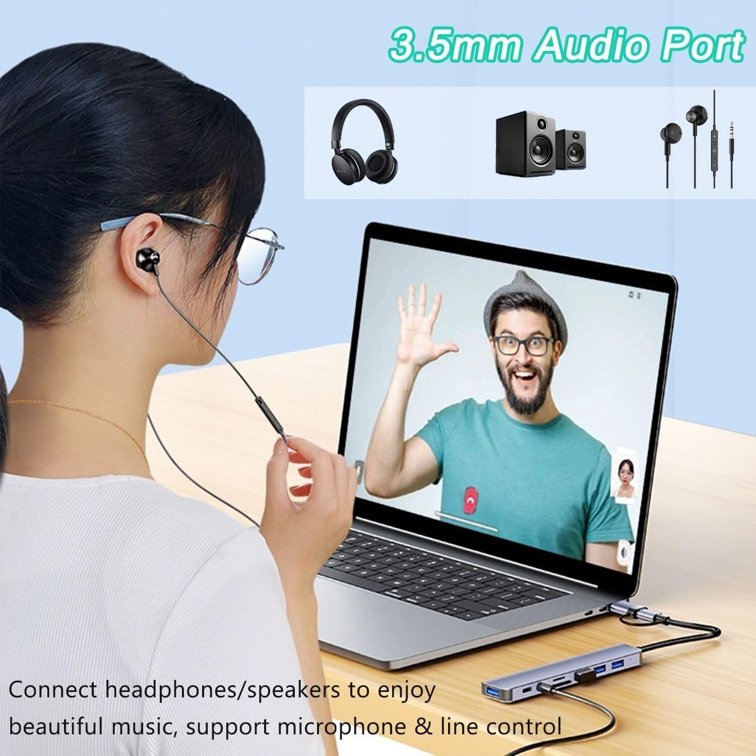 Aluminum USB C Hub with 3.5mm Audio Jack – 8 Ports for Multi-Device Use