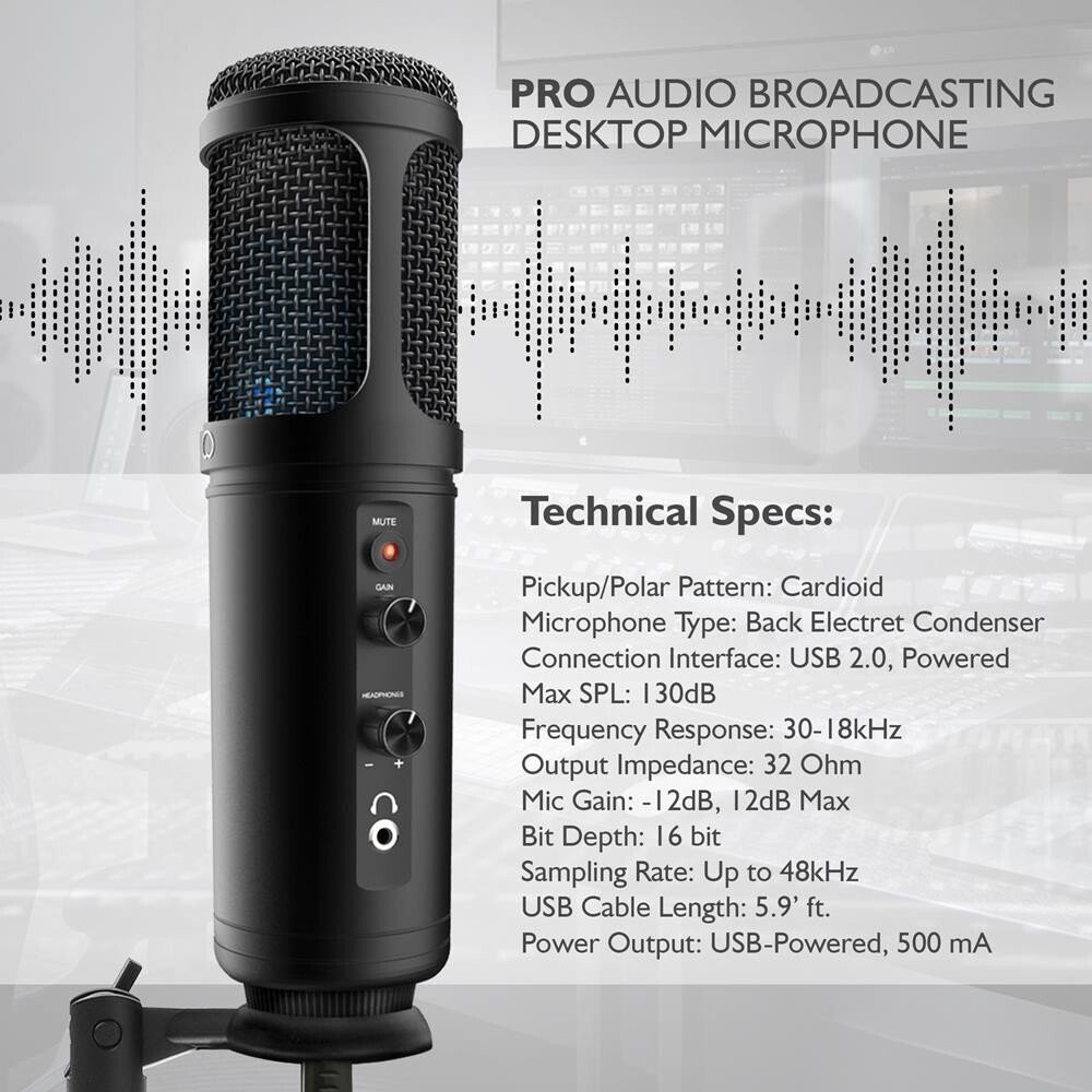 Pyle Computer Desktop Microphone w/ Tripod Stand, Easy USB Plug-and-Play