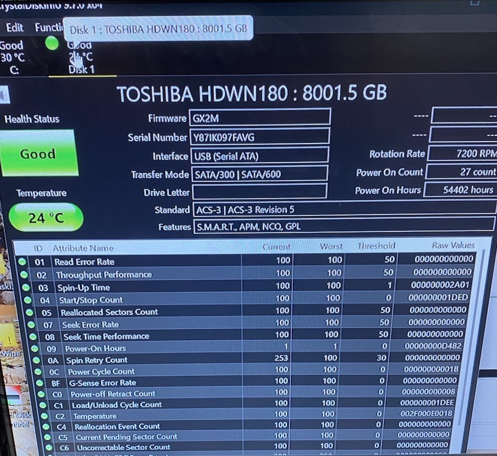 8TB Toshiba NAS N300 HDWG480 3.5” HDD Hard Drive 7200 rpm Tested Good