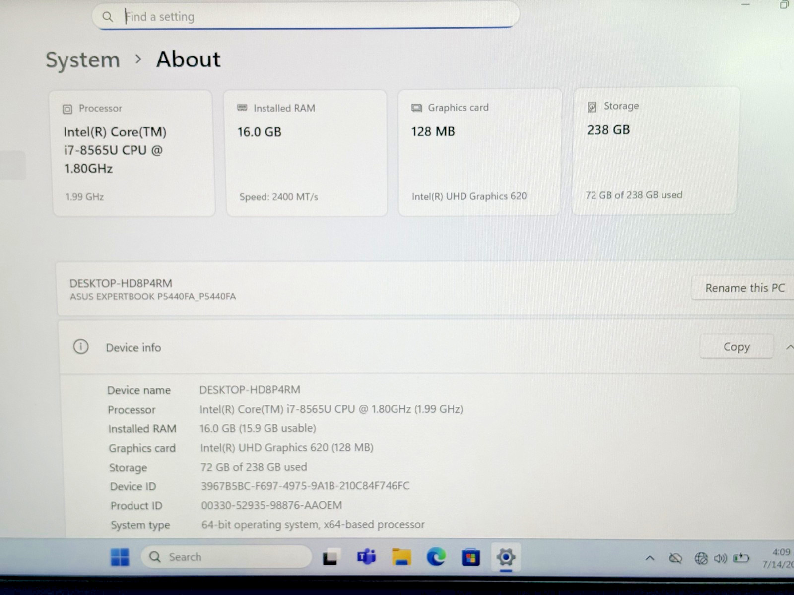 ASUS ExpertBook Intel Core i7-8th Gen 1.80GHz 16GB RAM 256GB SSD Windows 11 Pro*