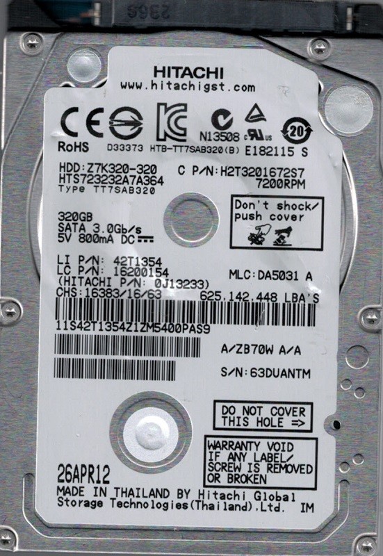 Hitachi HTS723232A7A364 320GB P/N: 0J13233 MLC: DA5031