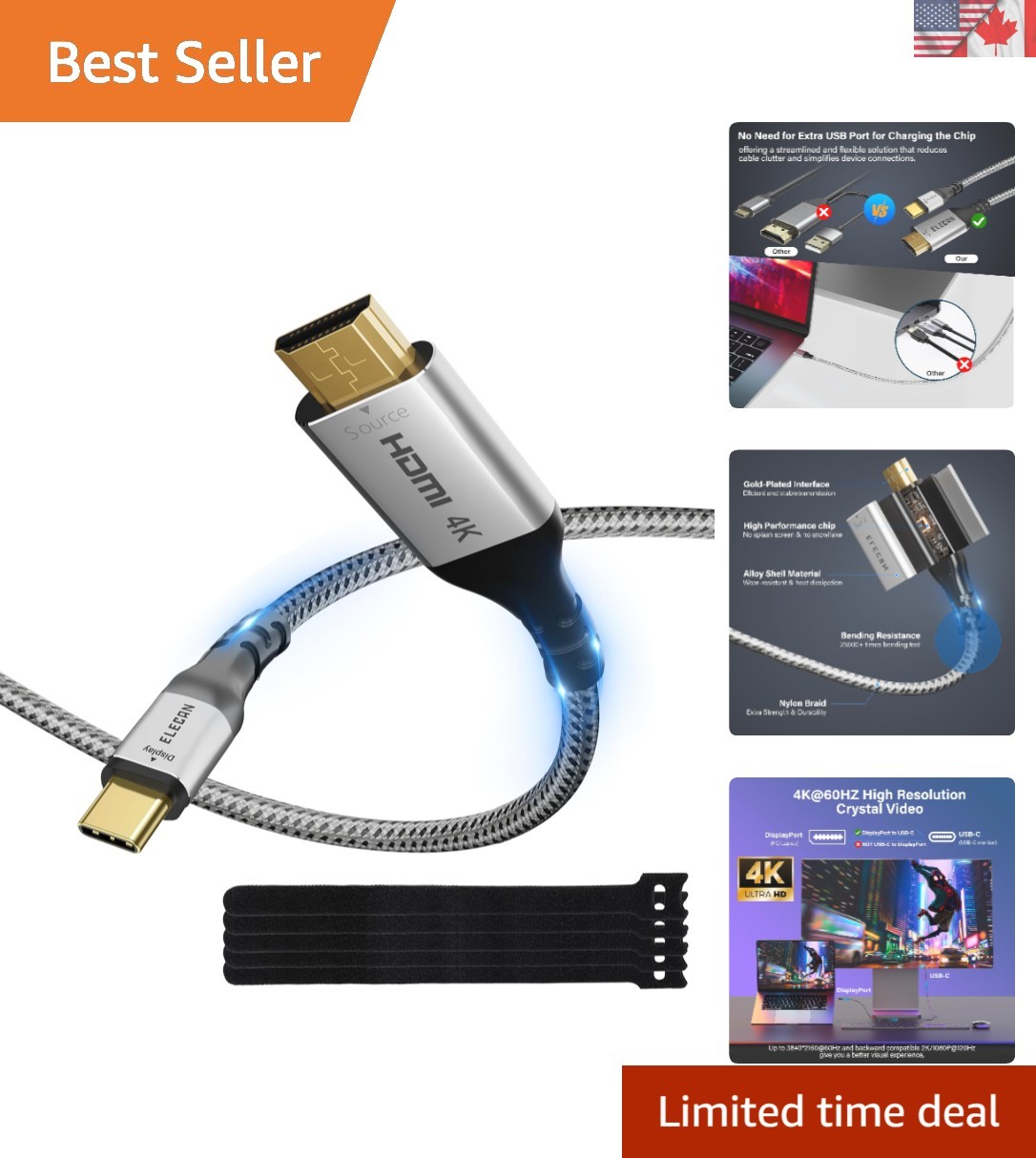 Flexible 15FT HDMI to USB-C Adapter Cable – No Power Needed, Sharp 4K Resolution