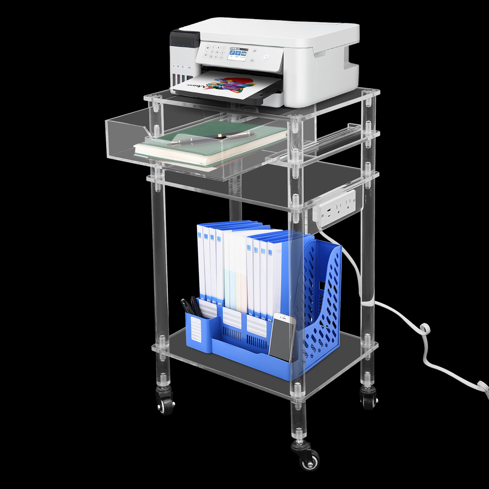 3-tier Acrylic Printer Stand, 44.09lbs Load Printer Stand with a Drawer&Wheels
