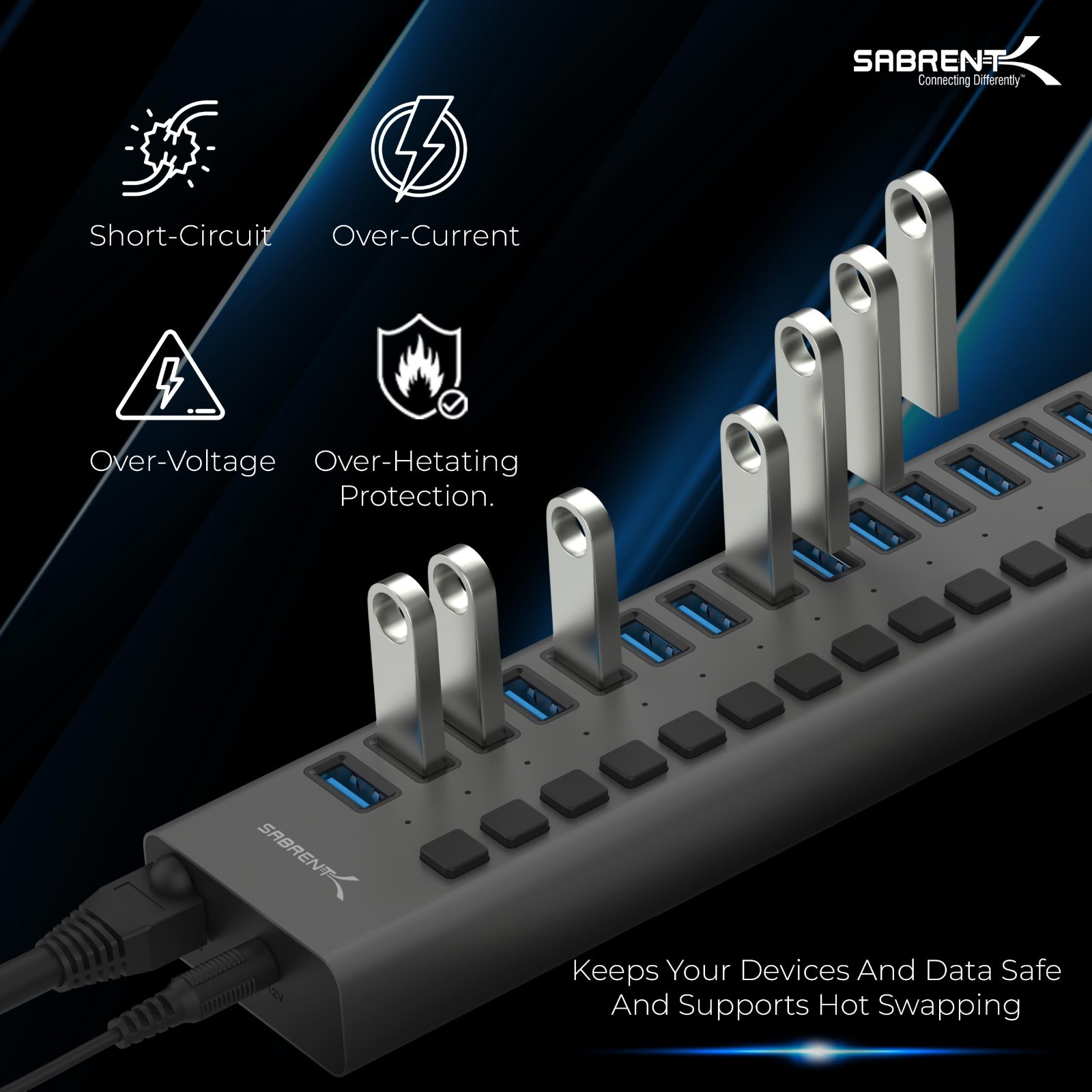 16-Port USB 3.0 Data Hub & Charger with Individual Power Switches, 90W Output