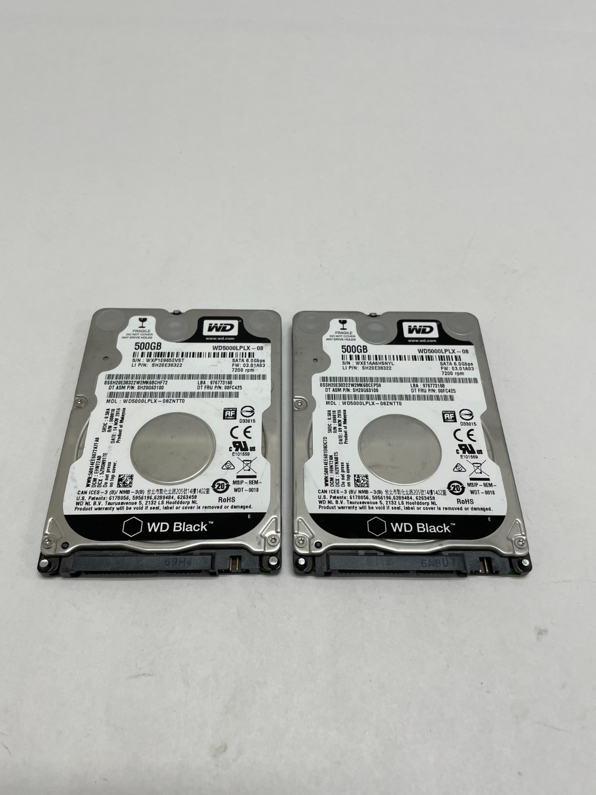 Lot of 2 Western Digital WD Black 500GB 2.5″ PC Hard Drive WD5000LPLX Tested